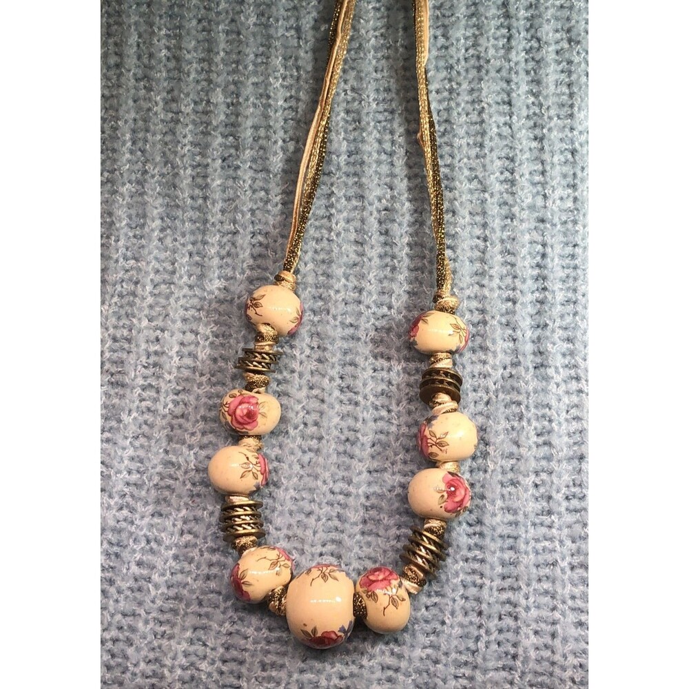 Greek Rose Ceramic Bead Necklace 18" Hand Painted Floral Artisan Cottagecore